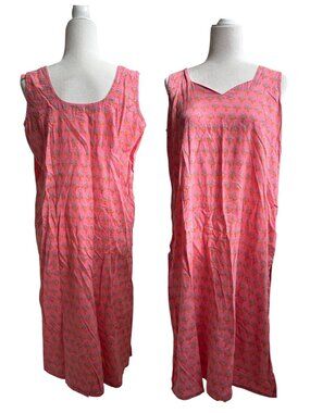 Cotton Block Print Midi Dress XL Pink Floral Boho Sleeveless Cottagecore